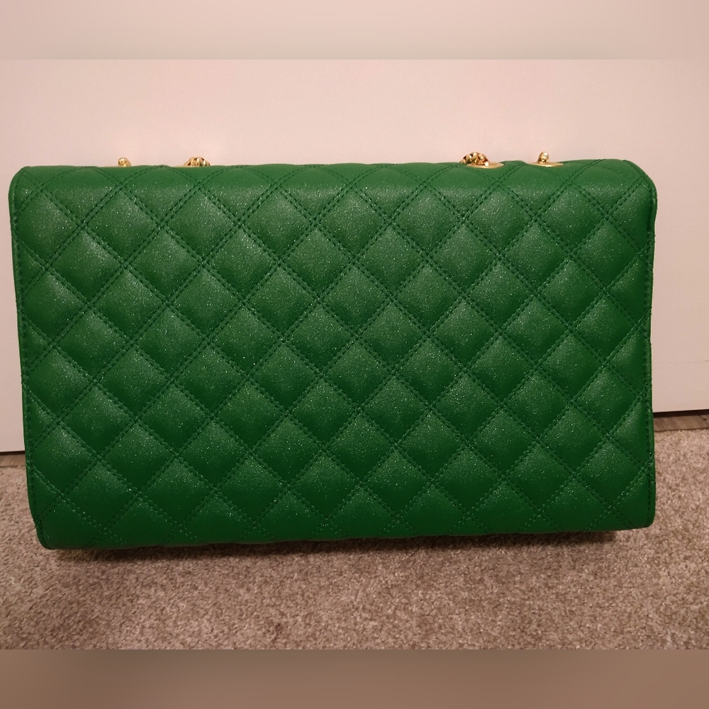 Green Old Hollywood Elegant Quilted Shoulderbag or Lrg Blk Pouch w Gold Chain - Picture 6 of 10